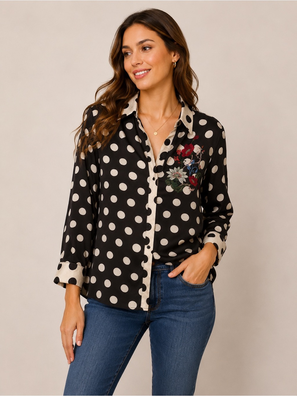 Chico’s Size 1 Black Polka Dot Embroidered Button-Up Blouse Medium